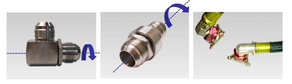 Preece Adel Wiggins Aerospace swivel joint with high-pressure fittings. provide torsional rotation in dynamic fluid or pneumatic aerospace